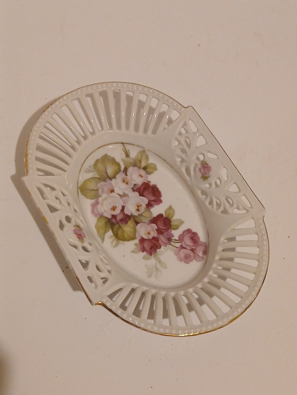 Vintage White Porcelain Floral Pierced Trinket Dish with Gold Trim